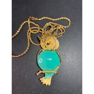 Spectacular Vintage 70s Owl Pendant Necklace | Long 36" Rope Chain | Turquoise
